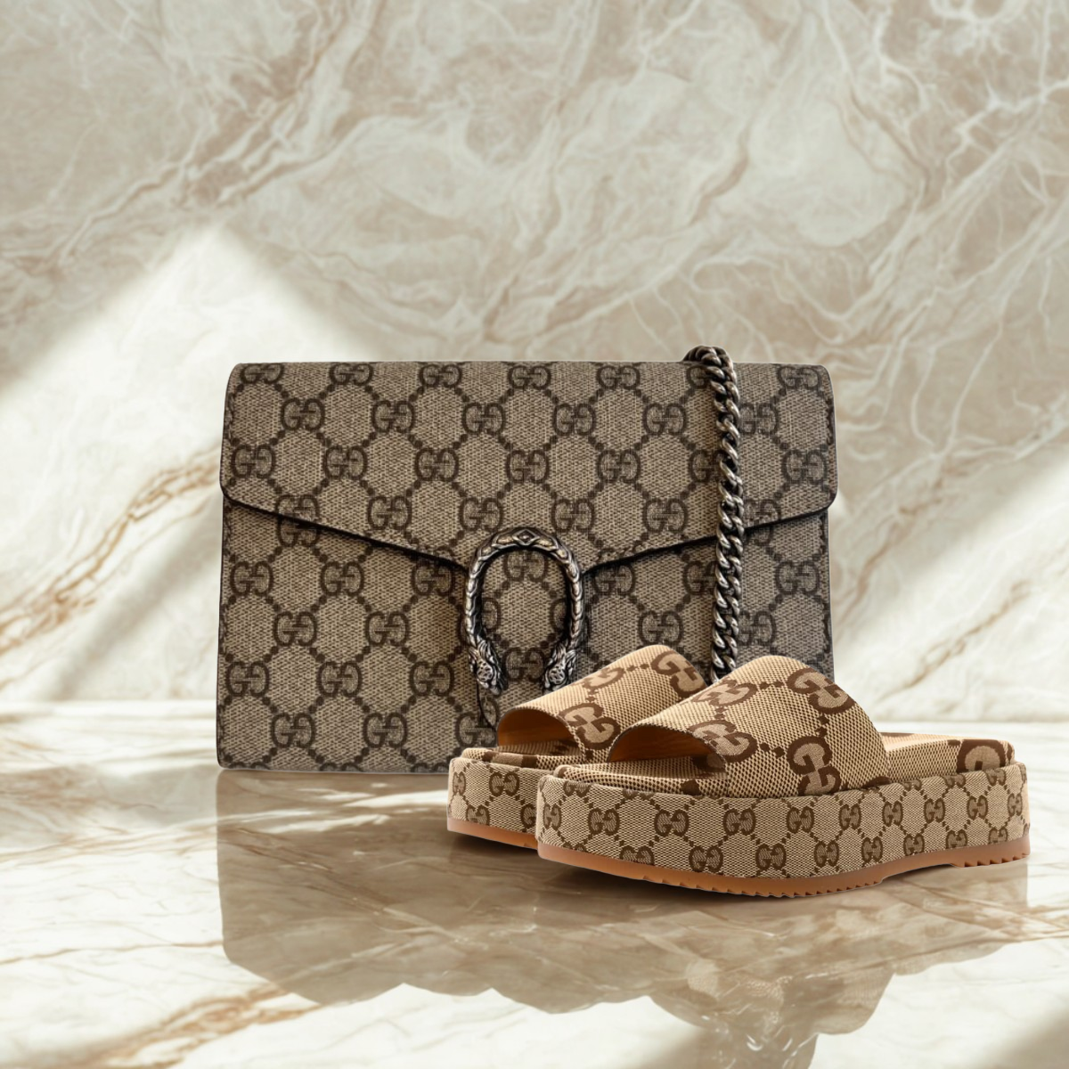 GUCCI DIONYSUS MINI BAG & ANGELINA FLAT SANDAL SET – BEIGE MONOGRAM