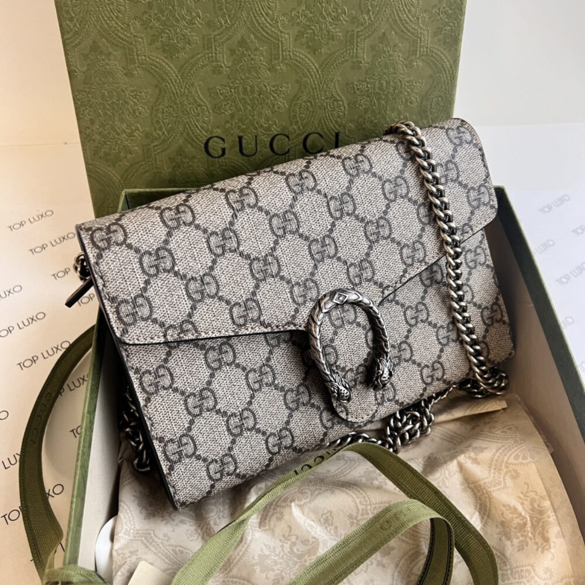 GUCCI DIONYSUS MINI BAG & ANGELINA FLAT SANDAL SET – BEIGE MONOGRAM