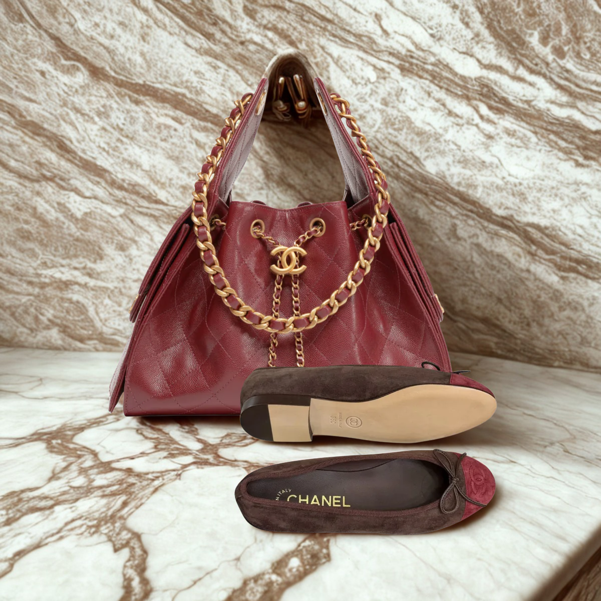 CHANEL 25 BORDEAUX CAVIAR & BALLERINA FLATS SET