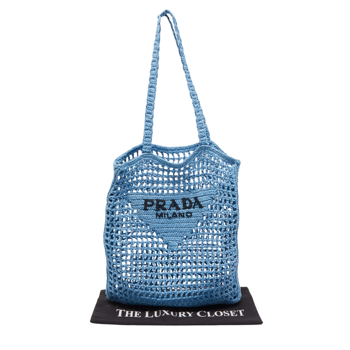PRADA SHOPPER BAG IN RAFFIA WITH WOVEN LOGO – BLUE