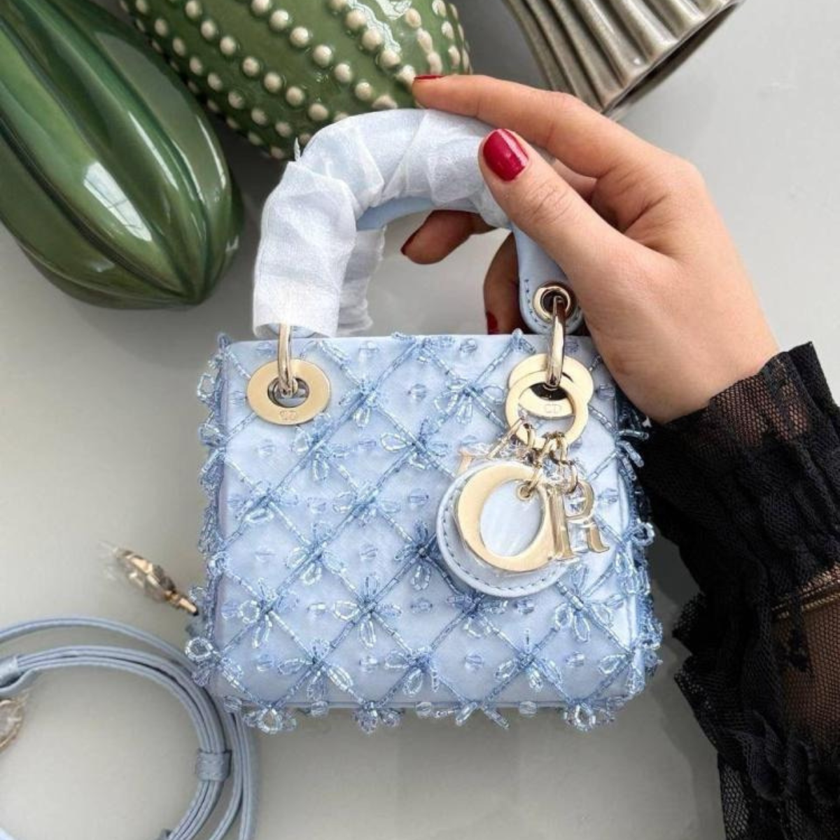 LADY DIOR MICRO EMBROIDERED BAG IN BLUE