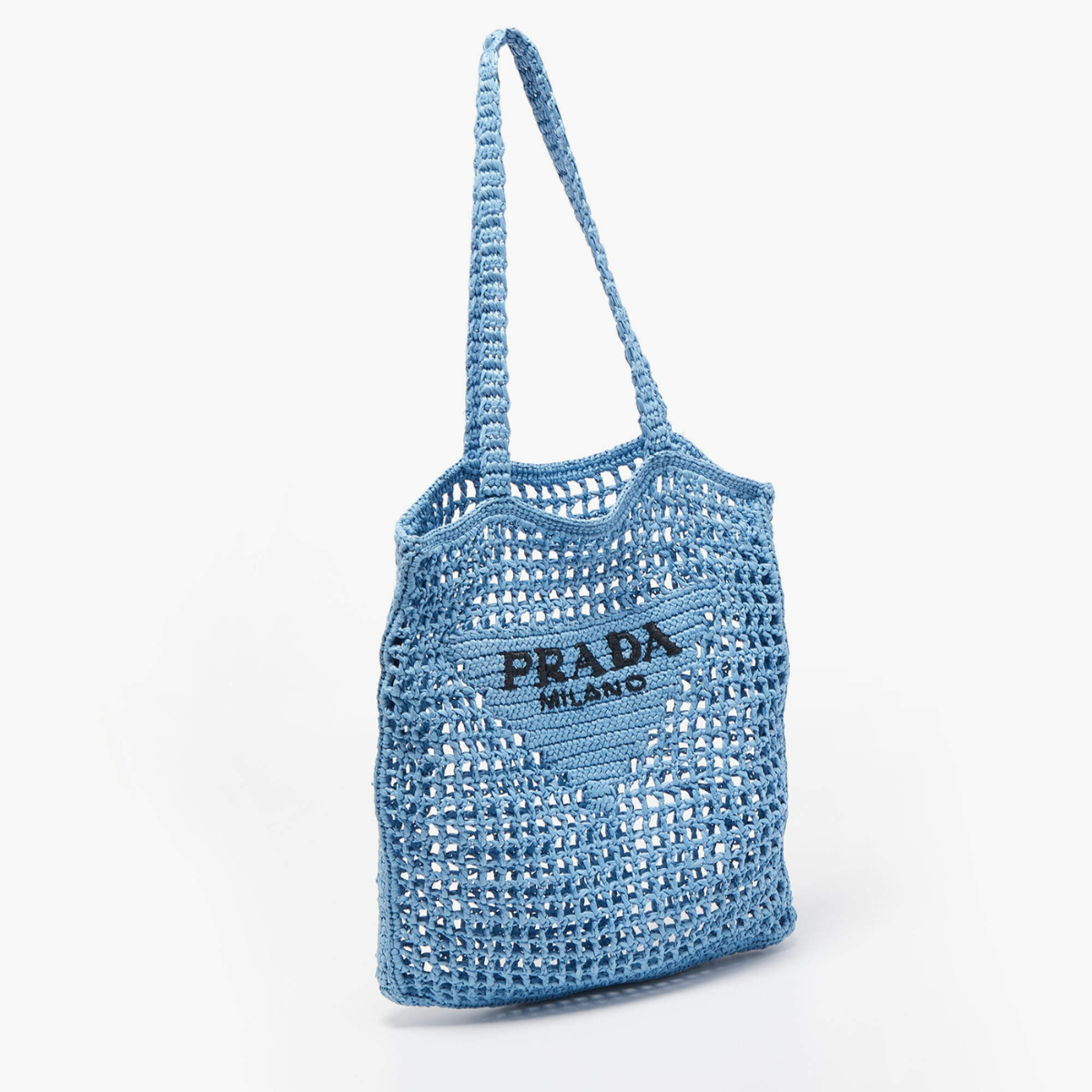 PRADA SHOPPER BAG IN RAFFIA WITH WOVEN LOGO – BLUE